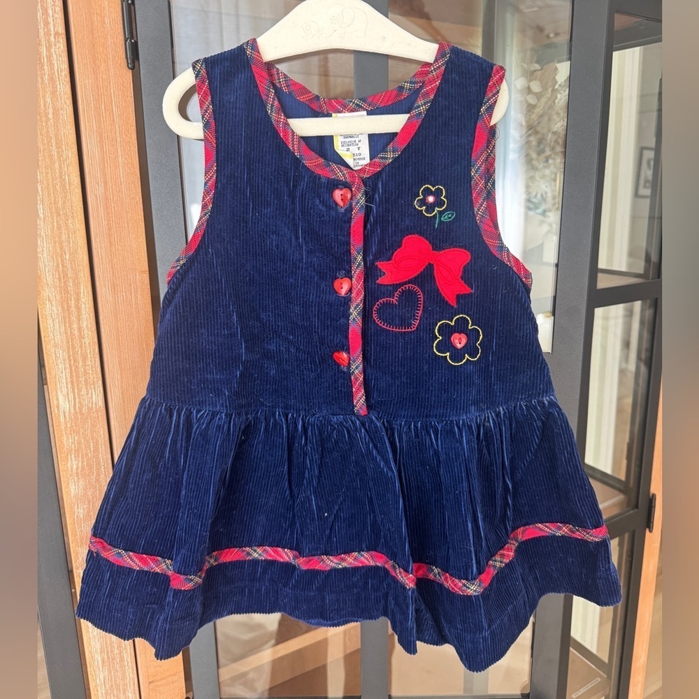 Vintage 1997 Corduroy dress navy red bow toddler girl embroidered 90s plaid
